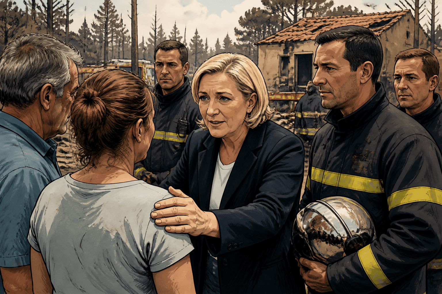 Marine Le Pen au Porge : soutien aux sinistrés et aux pompiers