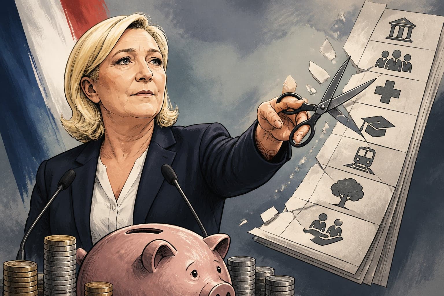 Budget RN : Le Pen promet 140 milliards d'économies en pleine affaire Bardella