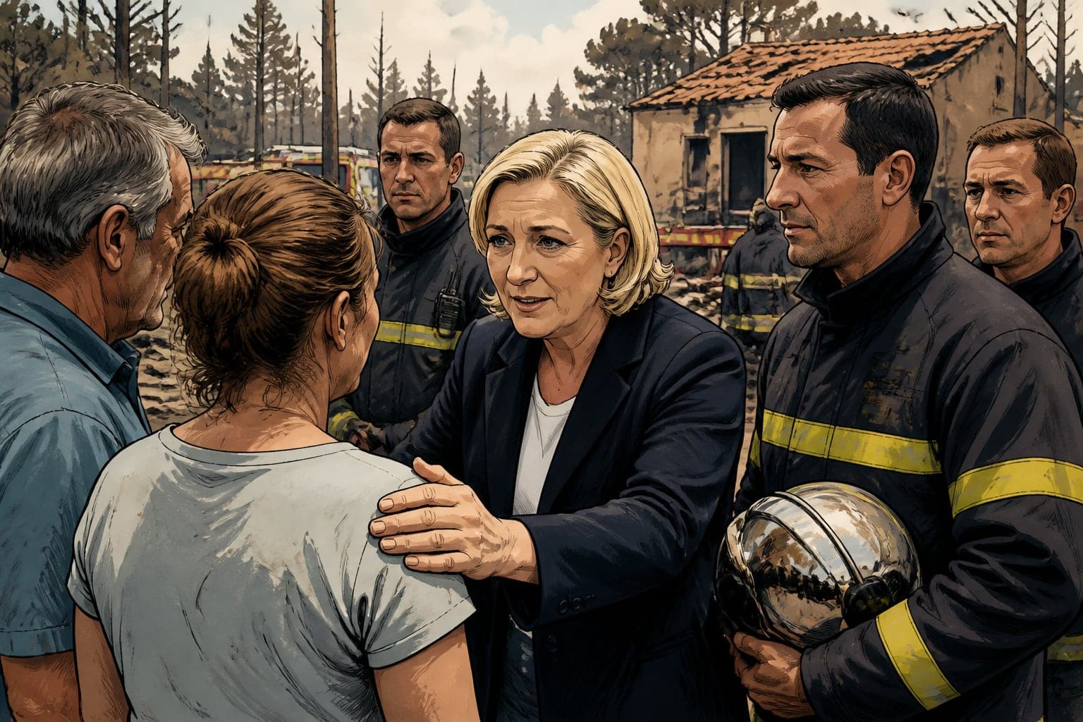 Marine Le Pen au Porge : soutien aux sinistrés et aux pompiers